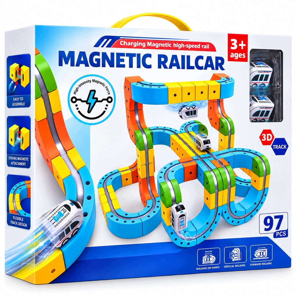 MAGNETIC RAILCAR magnetinis takas su 2 traukinukais, 97 detalės