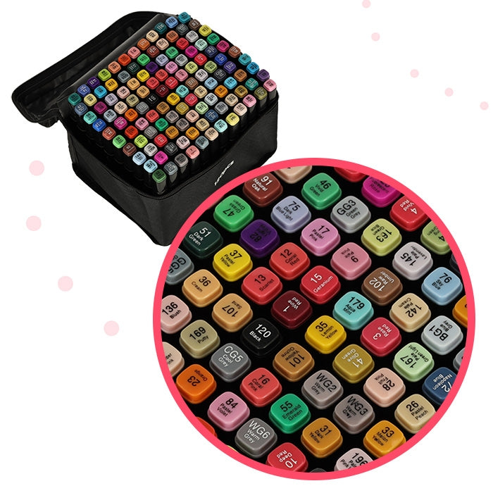 120 dvipusių markerių rinkinys su stovu ir dėklu