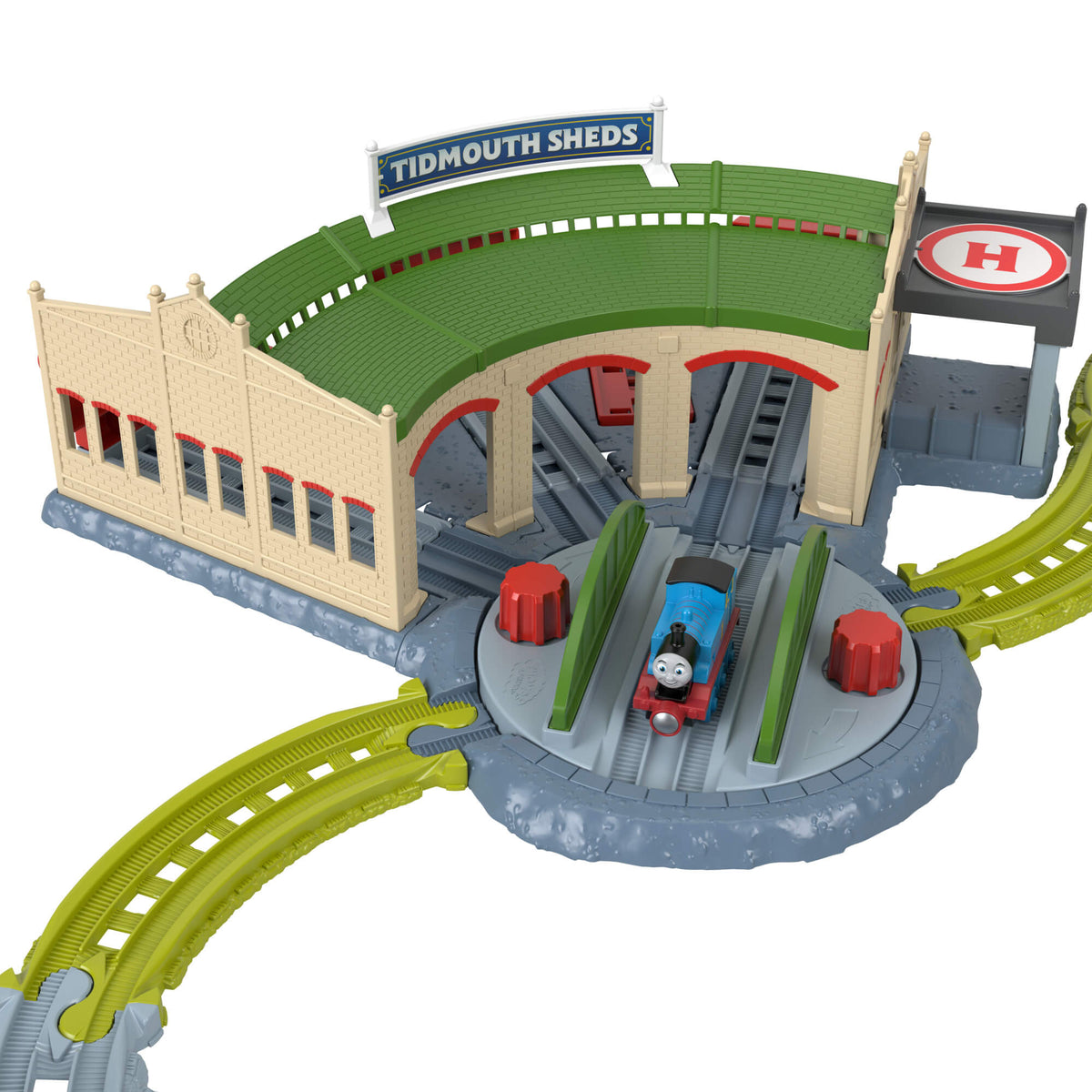 THOMAS & FRIENDS bėgių trasos rinkinys su lokomotyvų depu (JLL36)