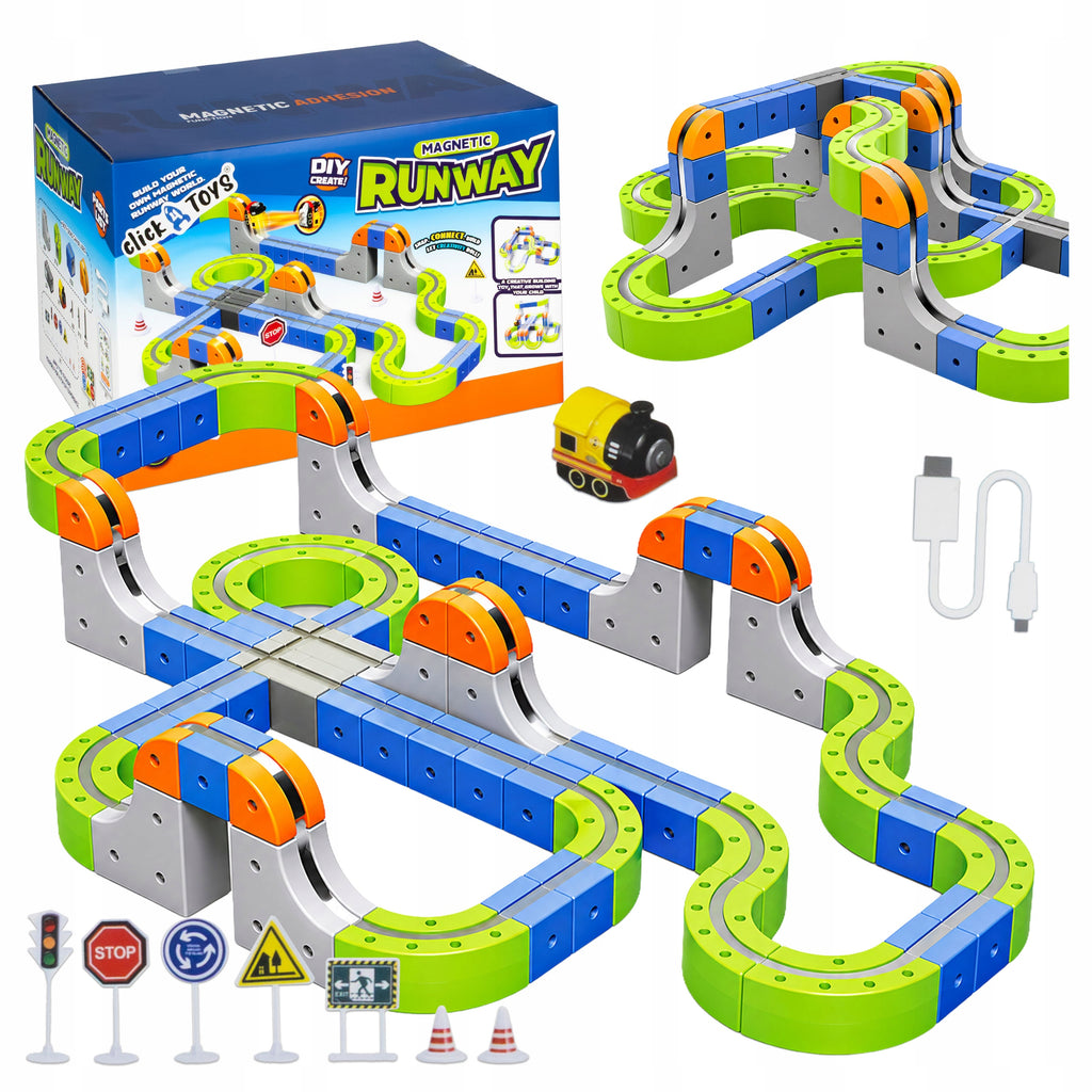 click4TOYS MAGNETIC RUNWAY magnetinis takas su elektriniu traukinuku, 123 detalės