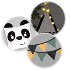 Vaikiška tipi palapinė Nukido su girlianda ir lemputėmis – balta-juoda su panda