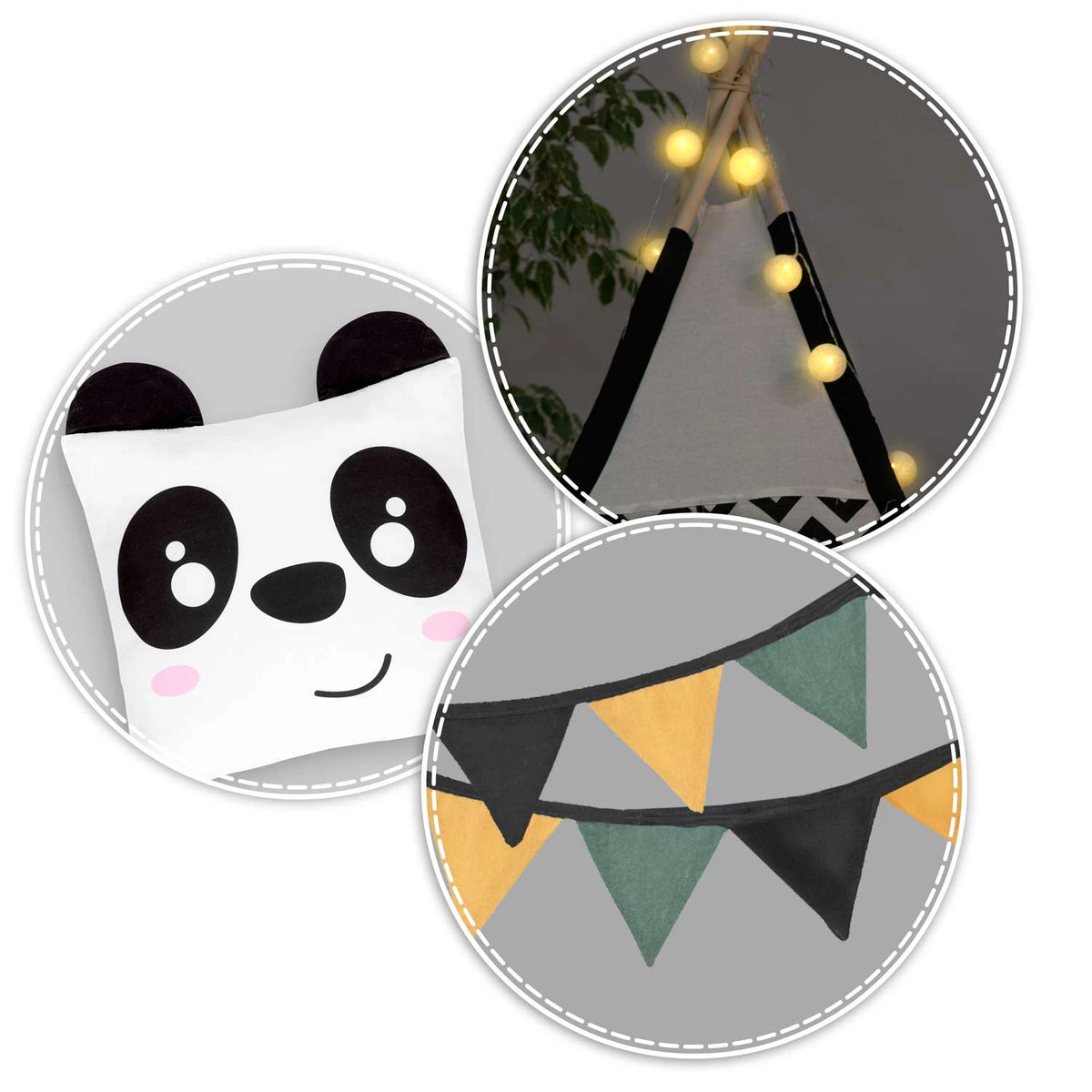 Vaikiška tipi palapinė Nukido su girlianda ir lemputėmis – balta-juoda su panda