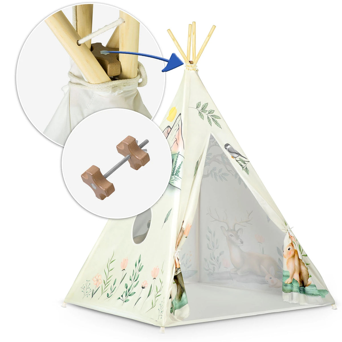 Vaikiška tipi palapinė Nukido – smėlio spalvos su zuikučio pagalve
