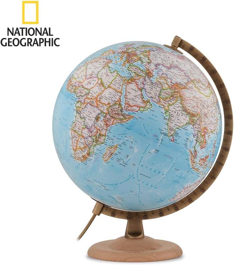 Gaublys National Geographic 30cm skersmens, riešutmedžio padu, metaliniu meridianu, anglų kalba