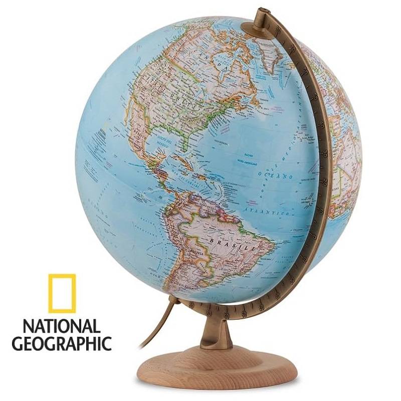 Gaublys National Geographic 30cm skersmens, riešutmedžio padu, metaliniu meridianu, anglų kalba