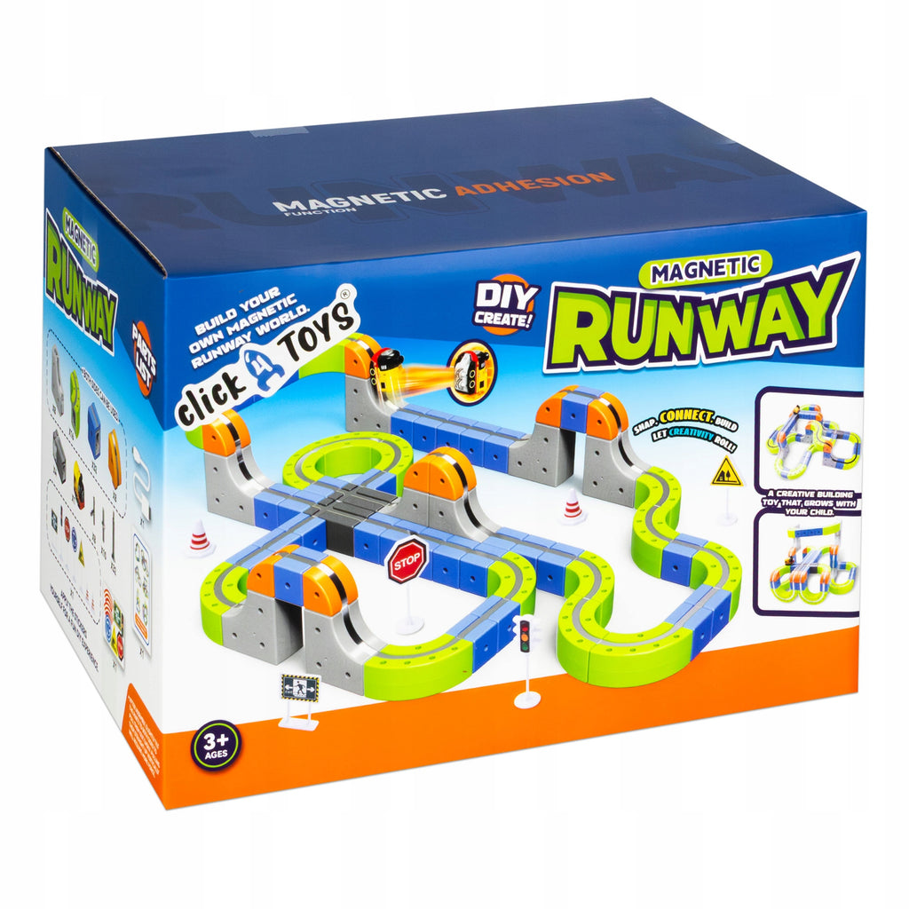 click4TOYS MAGNETIC RUNWAY magnetinis takas su elektriniu traukinuku, 123 detalės