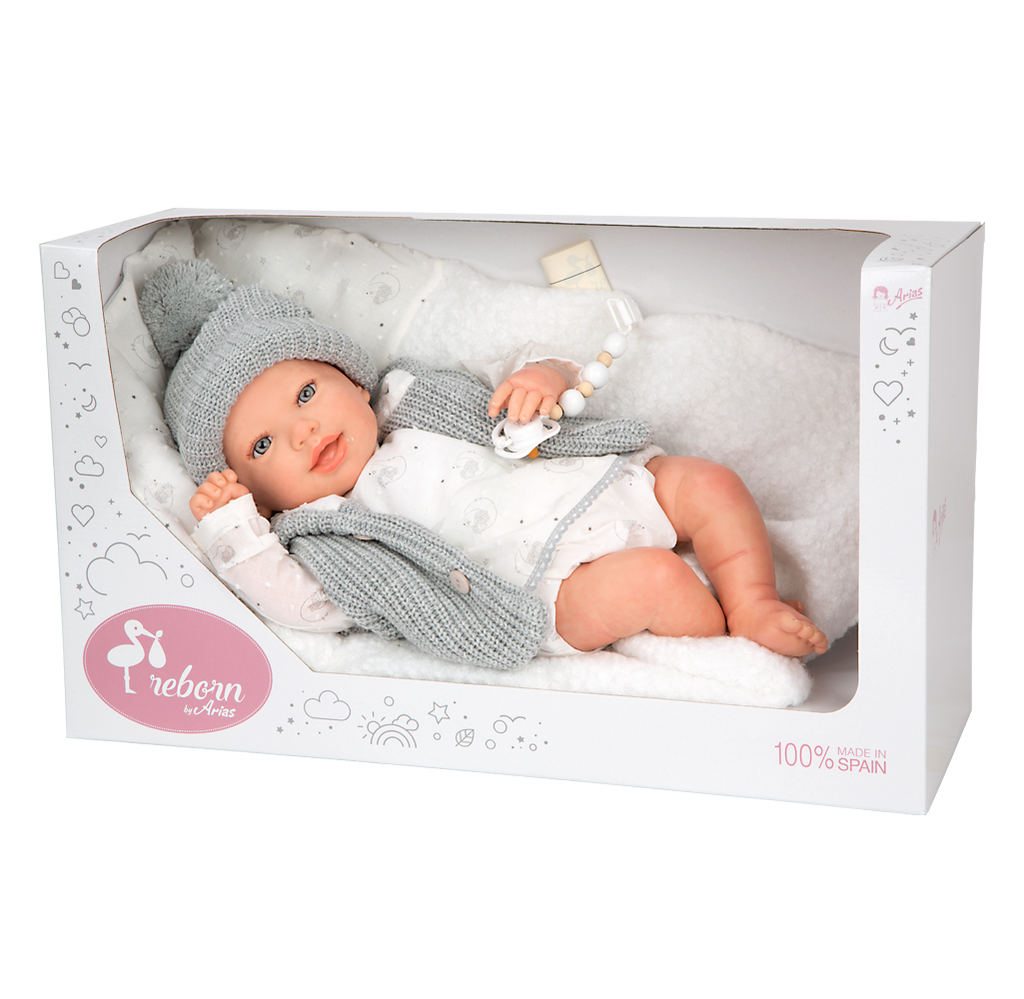 Arias Reborn kūdikėlis su pilkais rūbeliais, Daniela, 45 cm