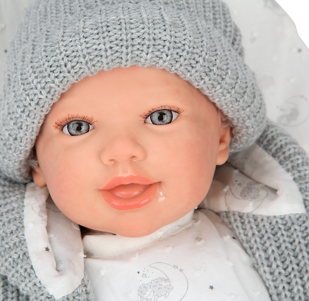 Arias Reborn kūdikėlis su pilkais rūbeliais, Daniela, 45 cm