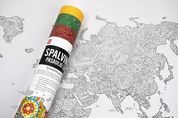 Spalvinamas terapinis pasaulio žemėlapis lietuvių kalba 58,5 x 84cm