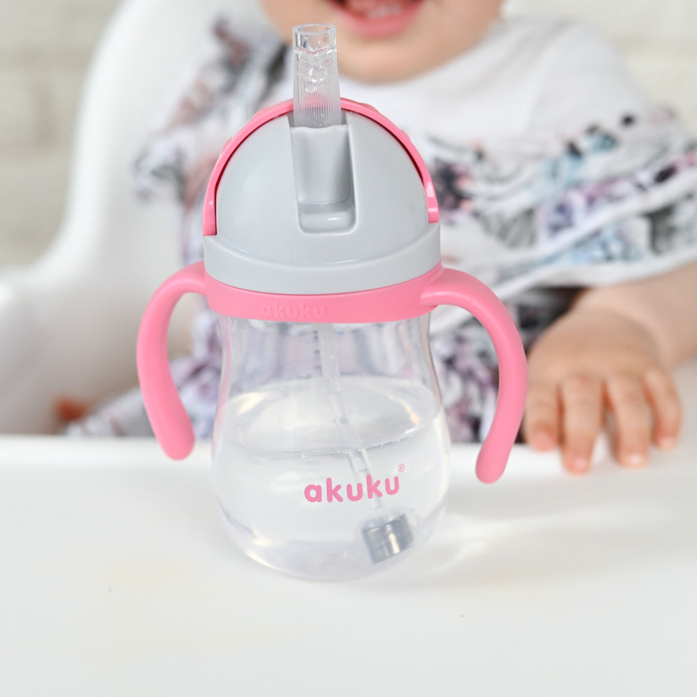 Akuku puodelis su šiaudeliu 280ml rožinis A0676