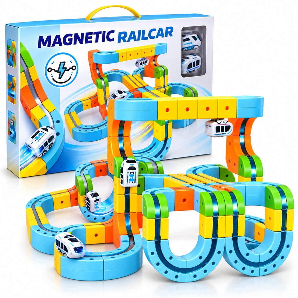 MAGNETIC RAILCAR magnetinis takas su 2 traukinukais, 97 detalės