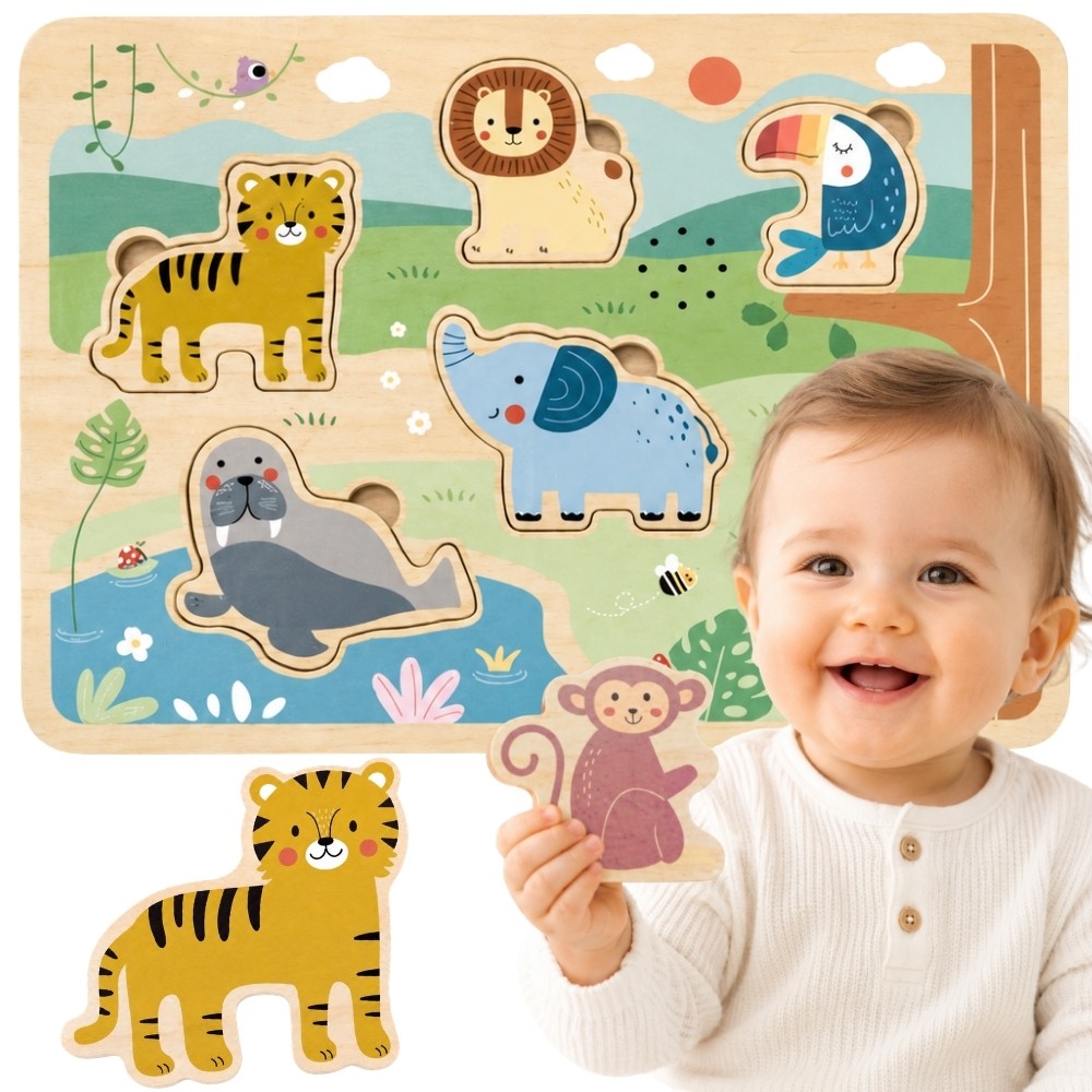 TOOKY TOY medinė Montessori interaktyvi garsinė dėlionė „Laukiniai gyvūnai – safaris“