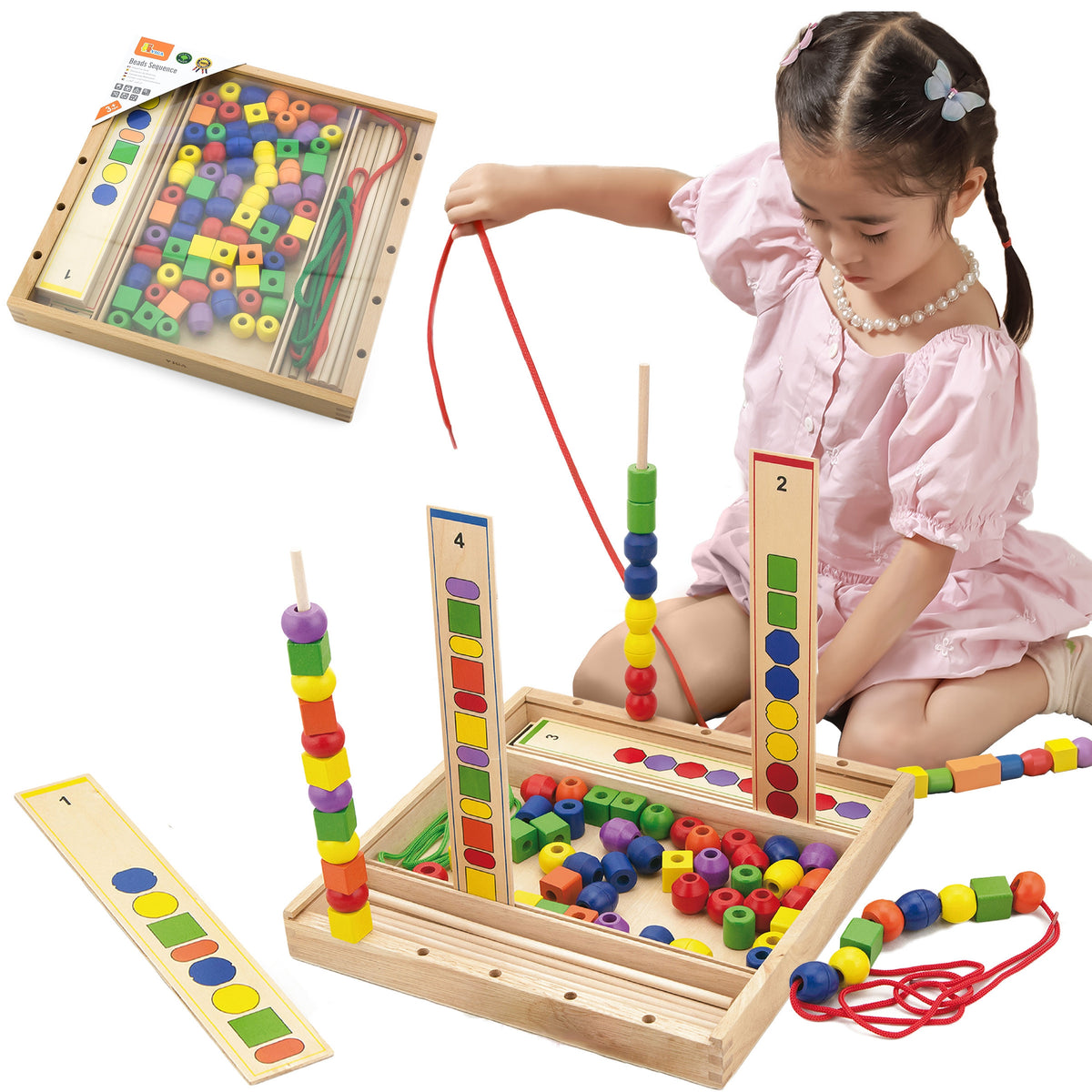VIGA medinis lavinamasis Montessori žaidimas „Loginiai karoliukai“, 104 vnt.