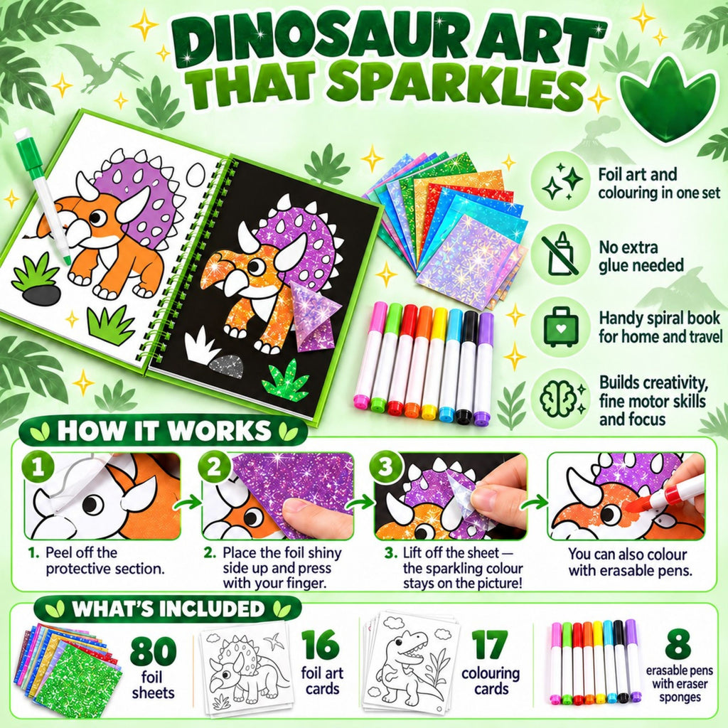 WOOPIE dailės rinkinys su blizgia folija ir spalvinimo kortelėmis „Dinozauras“, 121 vnt.