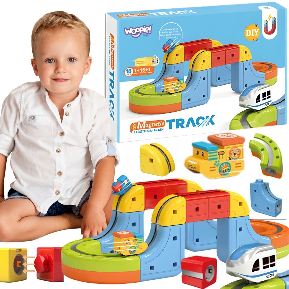 WOOPIE „Magic Cube Train“ – antigravitacinė magnetinė trasa iš kaladėlių, 18 vnt.