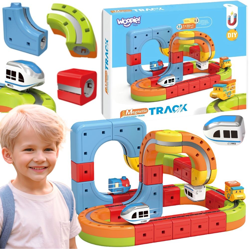 WOOPIE „Magic Cube Train“ – antigravitacinė magnetinė trasa iš kaladėlių, 32 vnt.