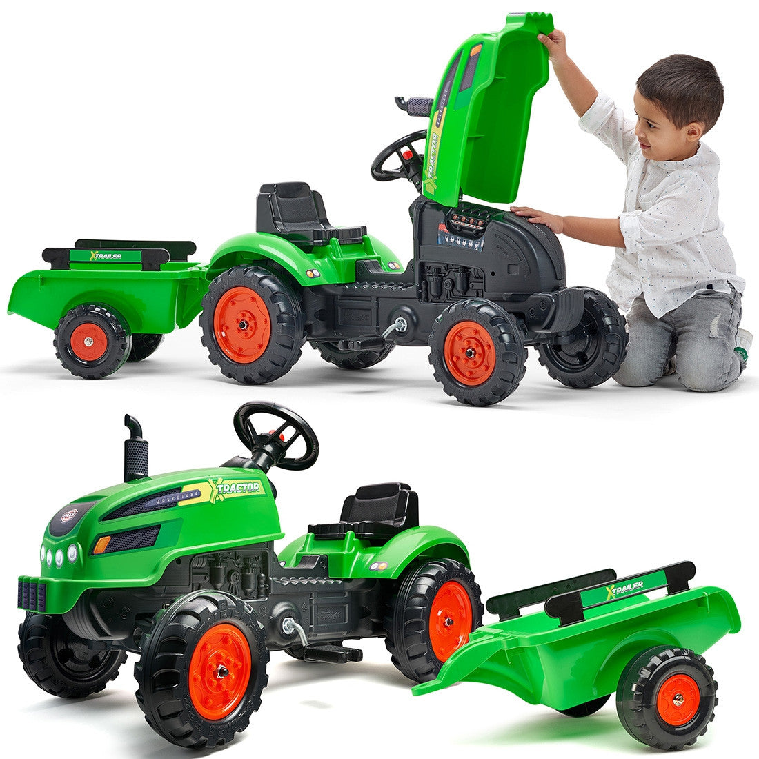 FALK X-Tractor žalias traktorius su priekaba ir signalu, 2–5 metų
