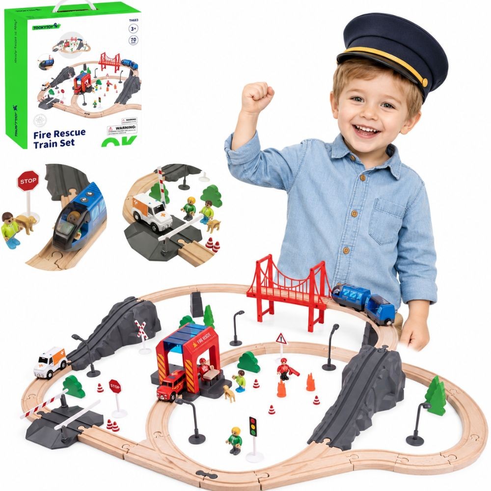 Tooky Toy medinis elektrinis traukinys „Gaisrinė“ su garso efektais, 70 vnt., FSC