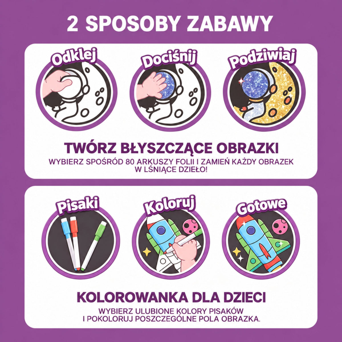 WOOPIE dailės rinkinys su blizgia folija ir spalvinimo kortelėmis „Kosmonautas“, 121 vnt.