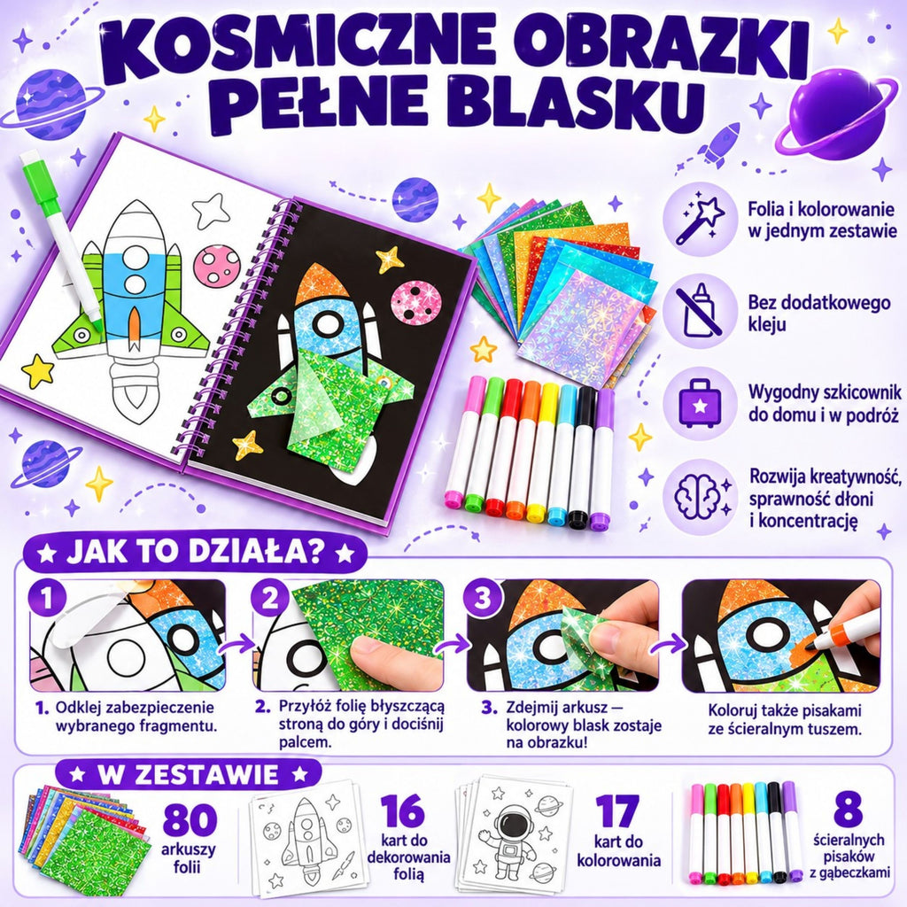 WOOPIE dailės rinkinys su blizgia folija ir spalvinimo kortelėmis „Kosmonautas“, 121 vnt.