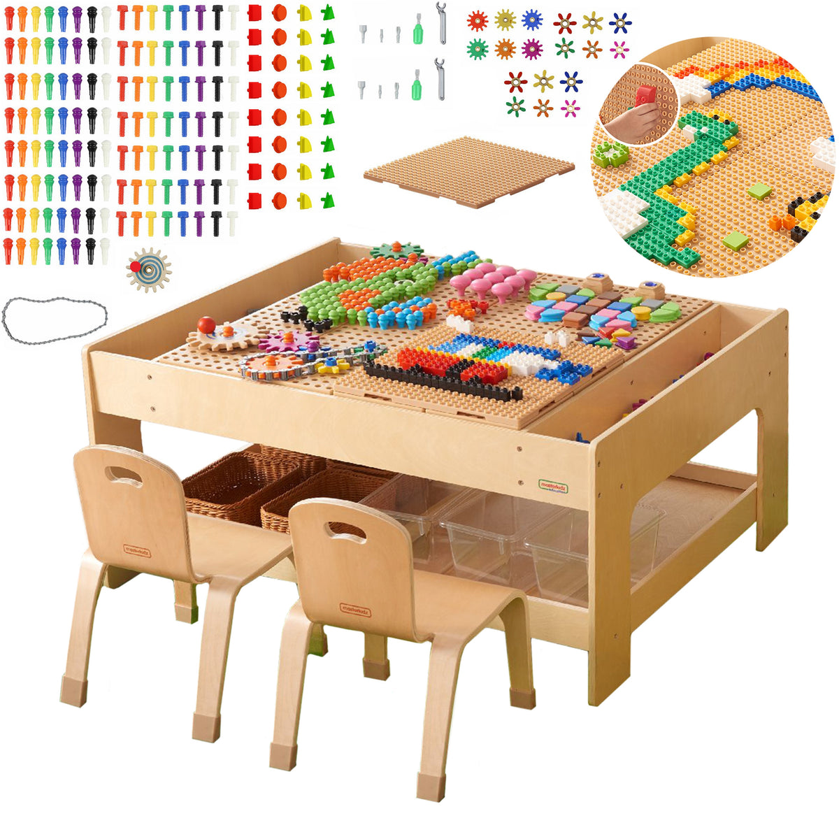MASTERKIDZ medinis lavinamasis stalas + STEM sienelės priedai + 135 kaladėlės
