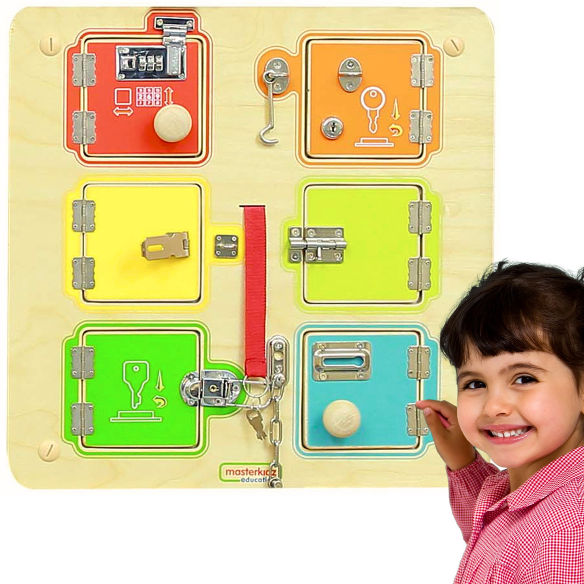 MASTERKIDZ spynų atidarymo ir uždarymo mokymosi sieninė manipuliacinė lenta