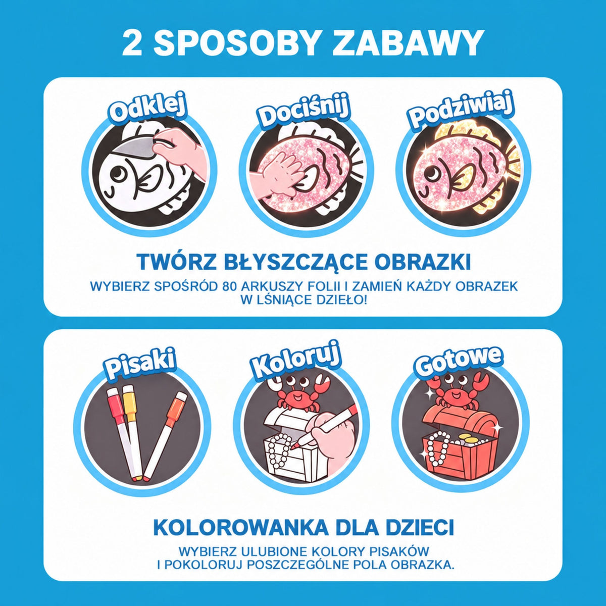 WOOPIE dailės rinkinys su blizgia folija ir spalvinimo kortelėmis „Delfinas“, 121 vnt.