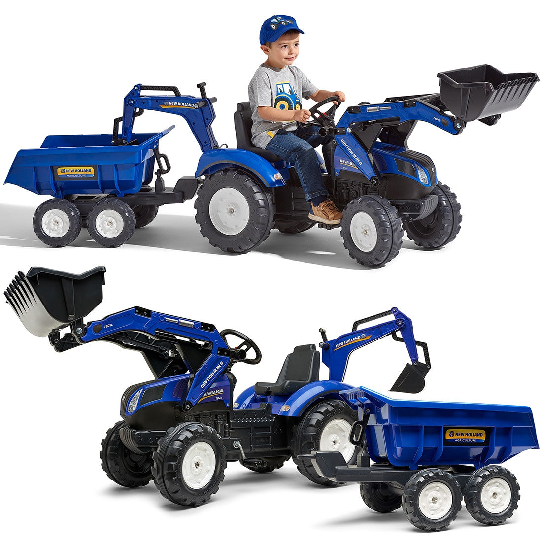FALK New Holland T8 pedalinis traktorius su ekskavatoriumi ir priekaba, 3–7 metų