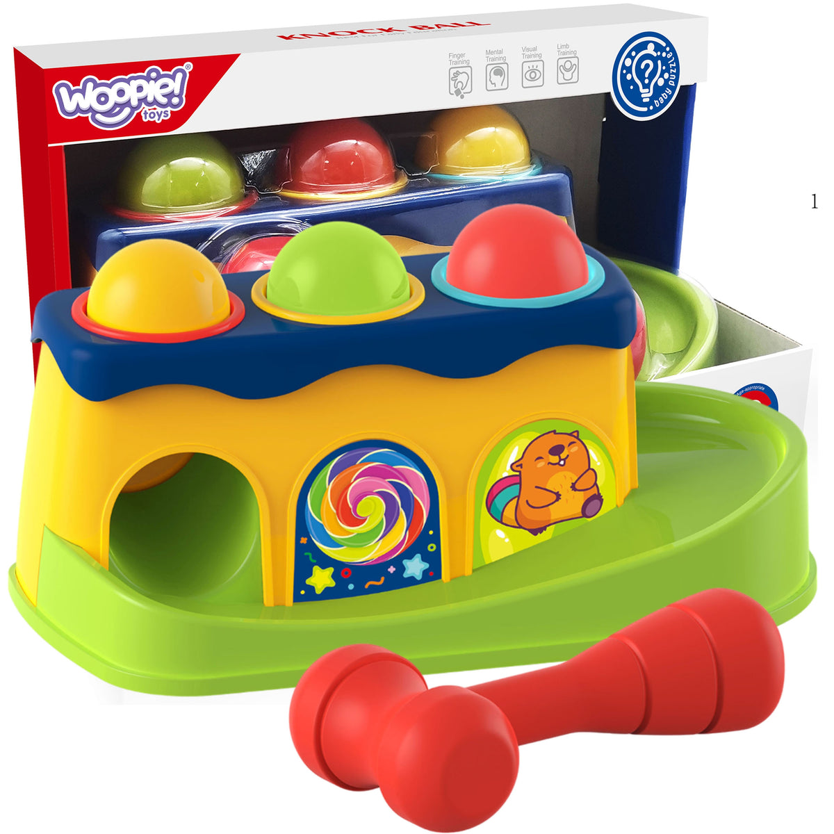 WOOPIE BABY spalvingas Montessori kaltukas su plaktuku