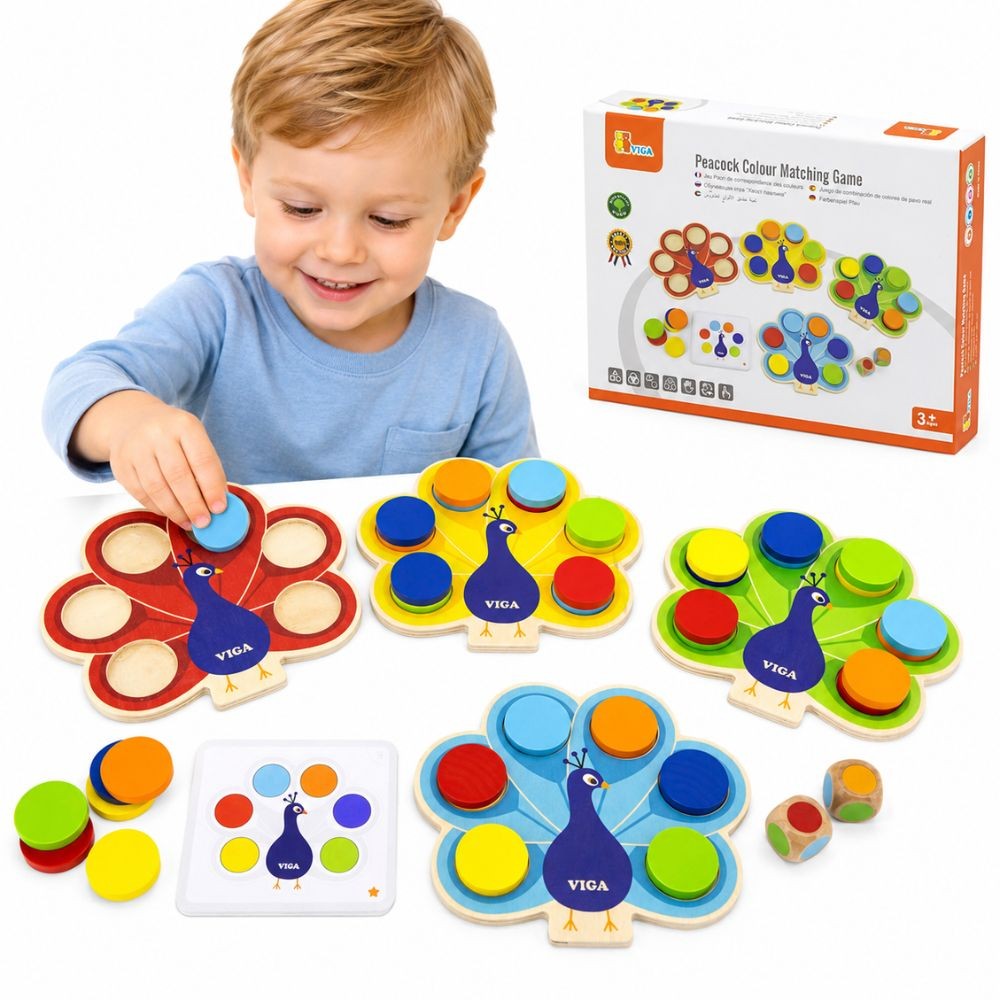 VIGA medinis spalvų derinimo žaidimas „Povo uodega“, Montessori + kortelės