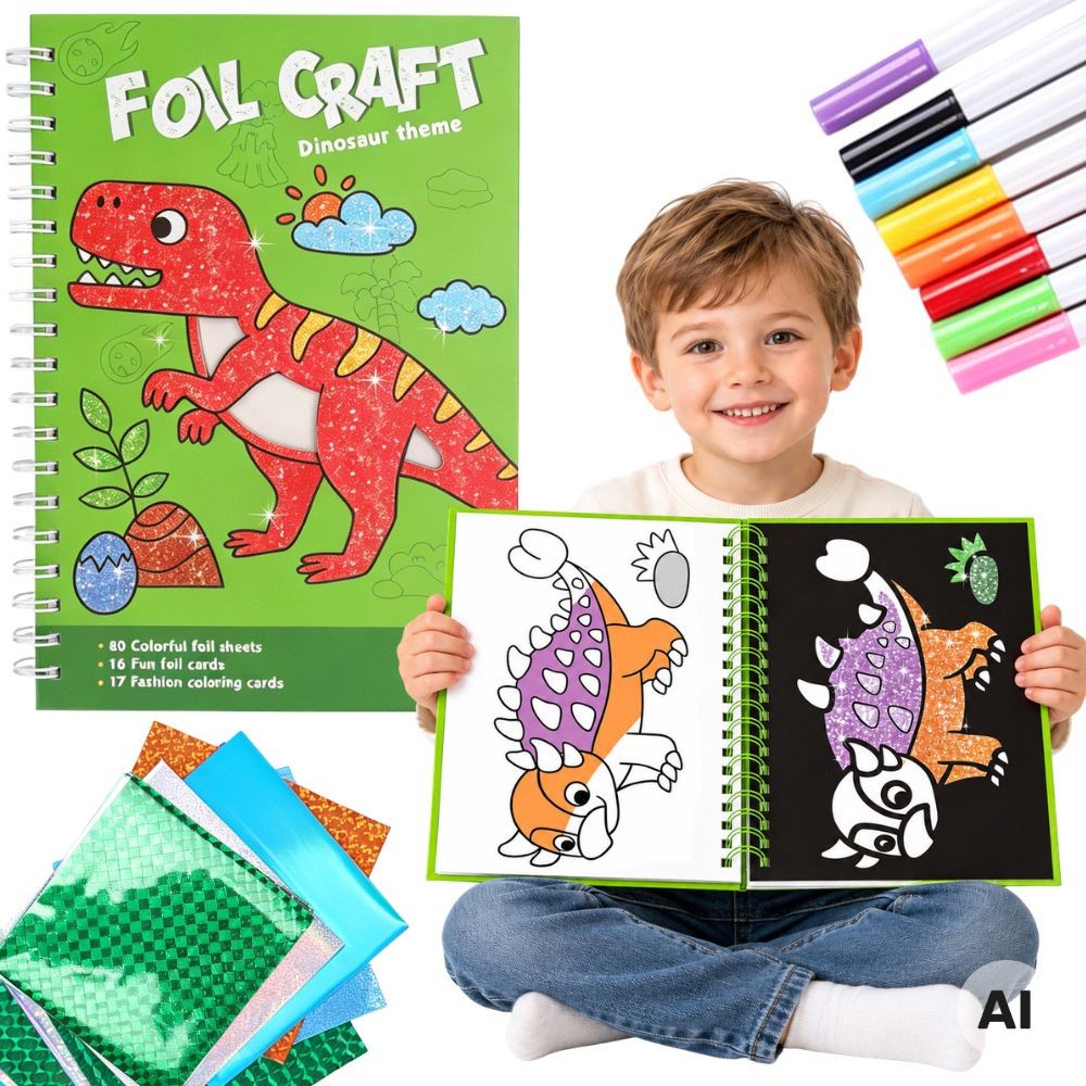 WOOPIE dailės rinkinys su blizgia folija ir spalvinimo kortelėmis „Dinozauras“, 121 vnt.