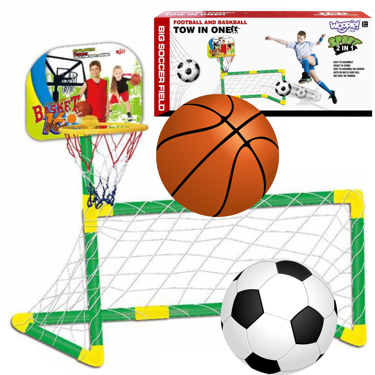 WOOPIE 2 in 1 sporto rinkinys: futbolo vartai ir krepšinio stovas