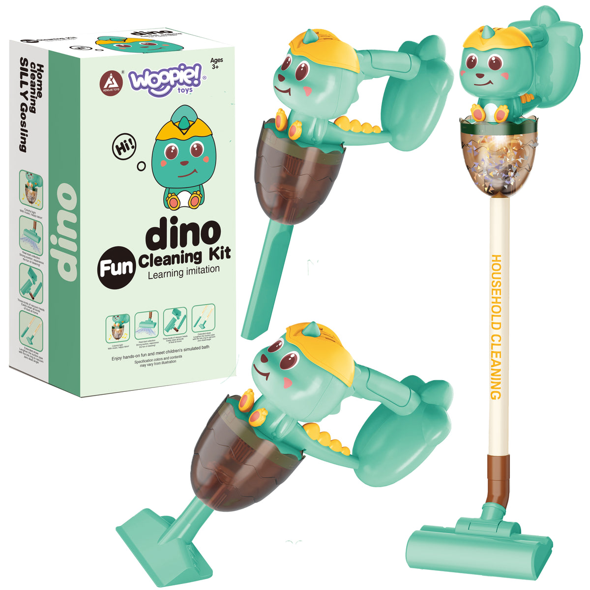 WOOPIE interaktyvus dulkių siurblys Dino 3 in 1 su siurbimo funkcija, šviesa ir garsu