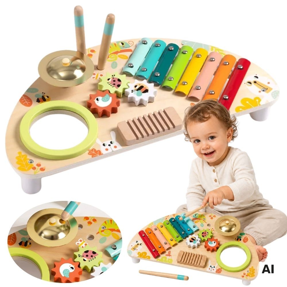 TOOKY TOY daugiafunkcis muzikos centras: ksilofonas, krumpliaračiai, trintukas, būgnelis, lėkštė ir lazdelės
