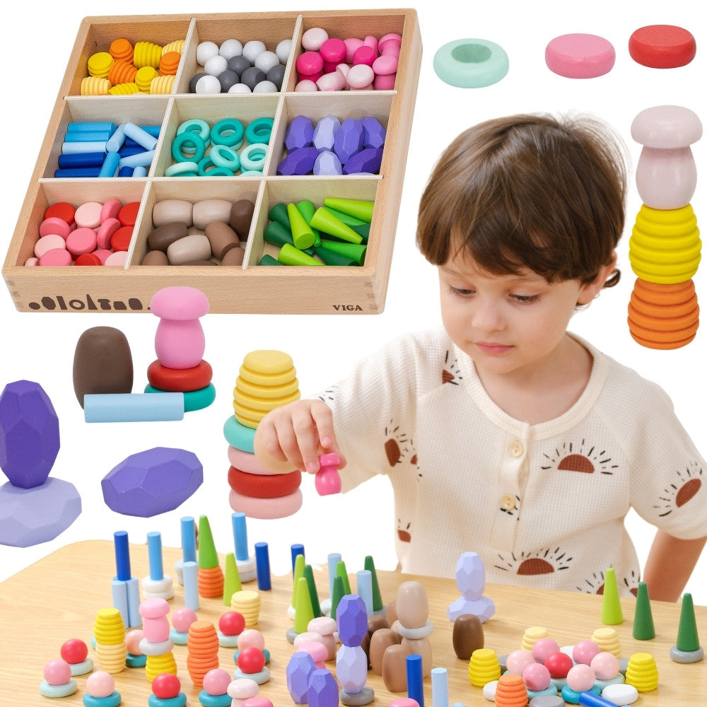 VIGA medinės lavinamosios kaladėlės – Montessori dėlionė, 141 vnt.