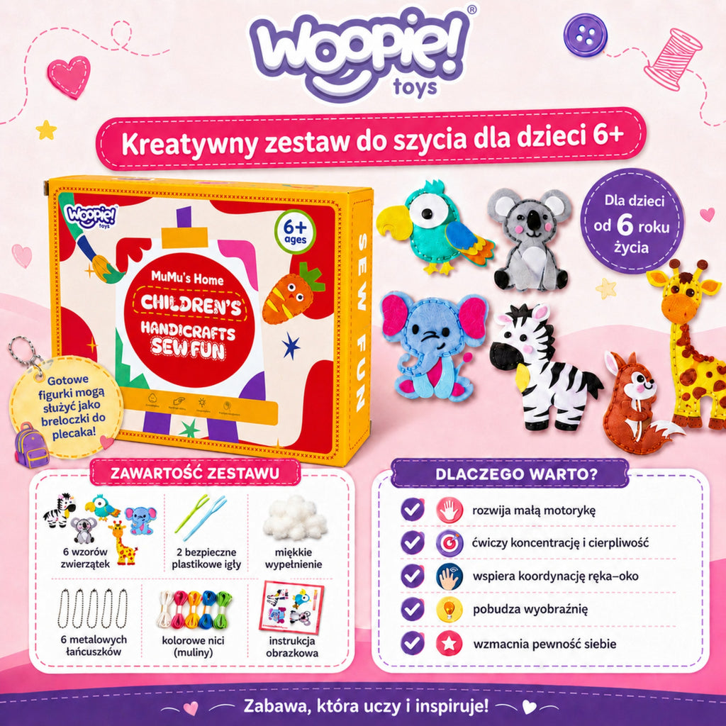 WOOPIE siuvimo rinkinys vaikams „Veltinio gyvūnėliai-raktų pakabukai“
