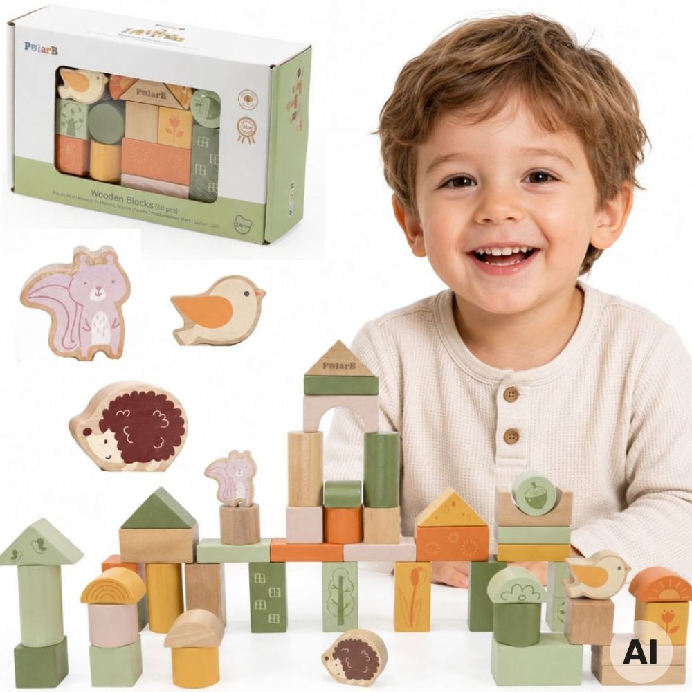 VIGA PolarB medinės Montessori kaladėlės „Gyvūnai“, 50 vnt.