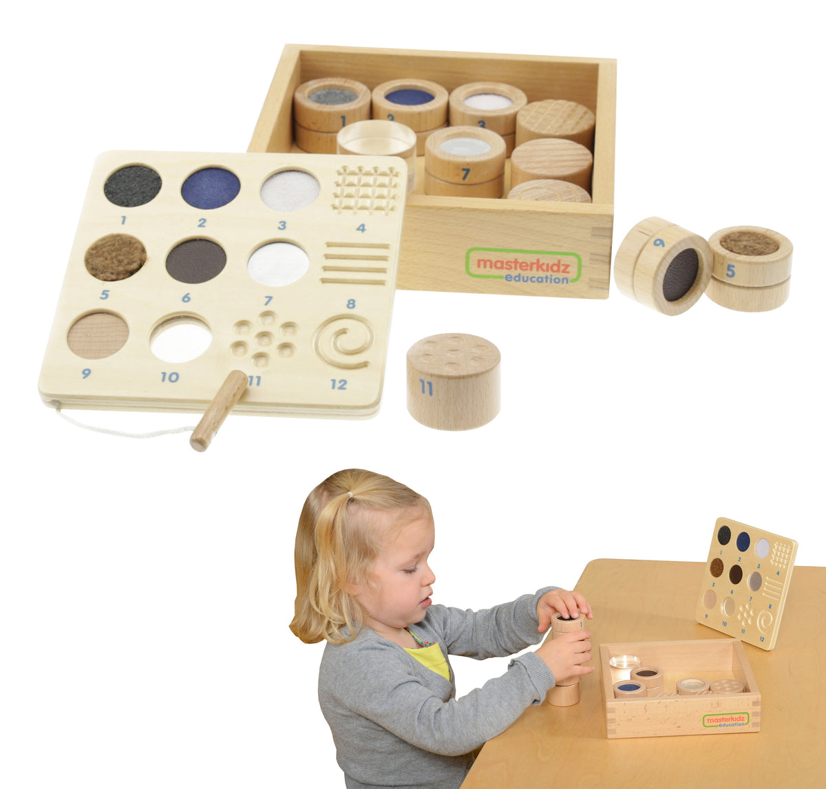 MASTERKIDZ „Atspėk liesdamas“ – medžiagos ir tekstūros, 12 Montessori elementų