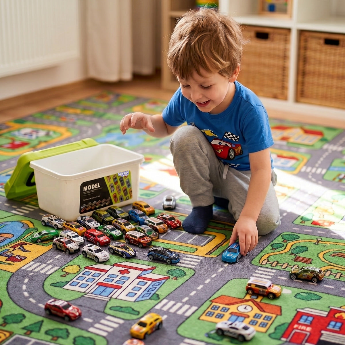 WOOPIE lenktyninių automobilių rinkinys lagaminėlyje su kilimėliu, 30 vnt.