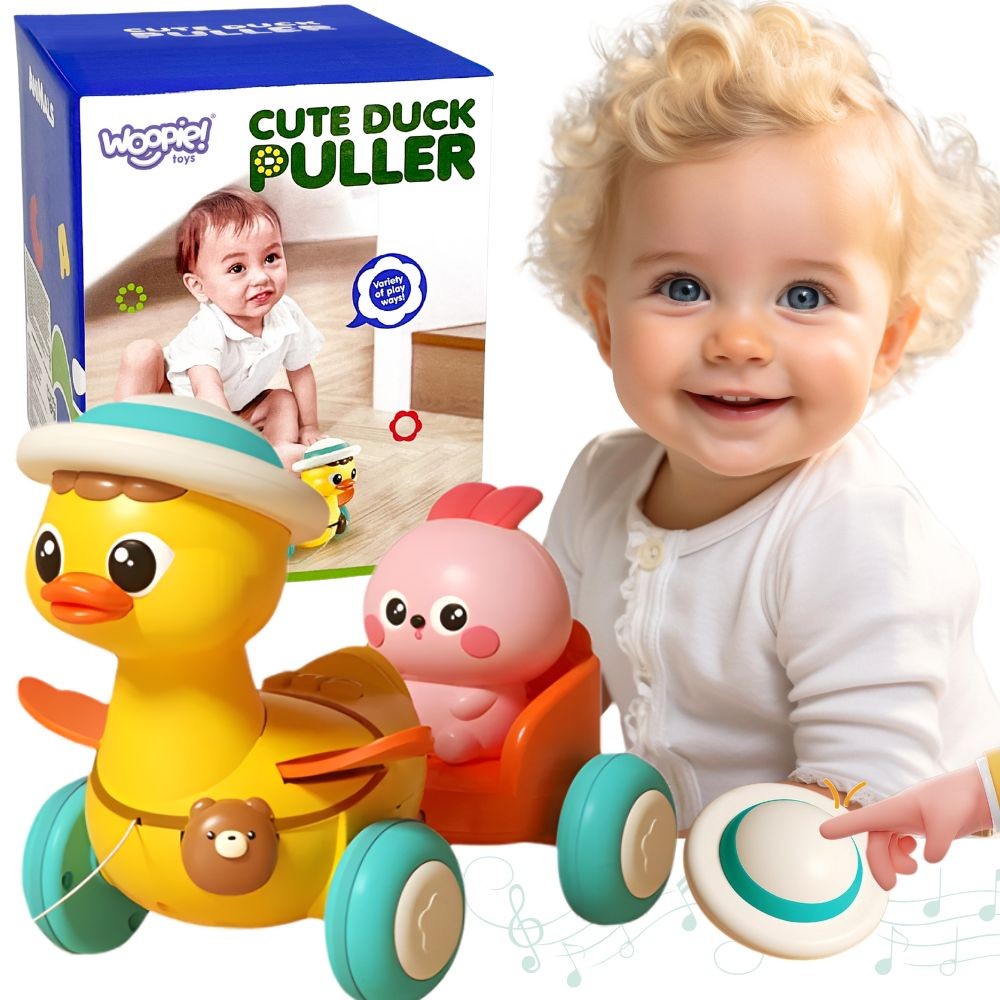 WOOPIE BABY geltona traukiama antytė su rožiniu zuikučiu priekaboje