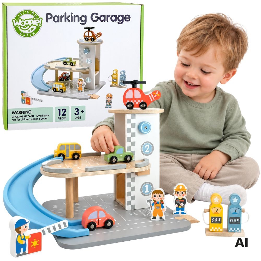 WOOPIE GREEN medinis garažas „2 in 1“ su degaline, automobiliais ir figūrėlėmis, 12 vnt., FSC