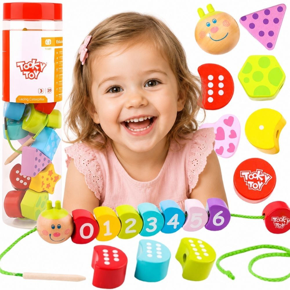 TOOKY TOY medinės vėrimo kaladėlės „Vikšras“ – mokomės skaičiuoti, 20 vnt.