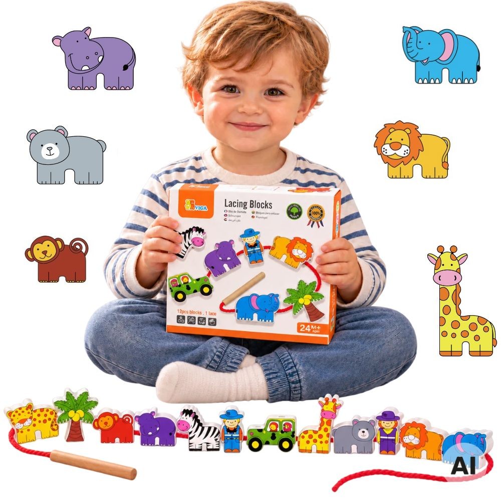VIGA medinis Montessori vėrimo žaidimas „Safari ZOO“