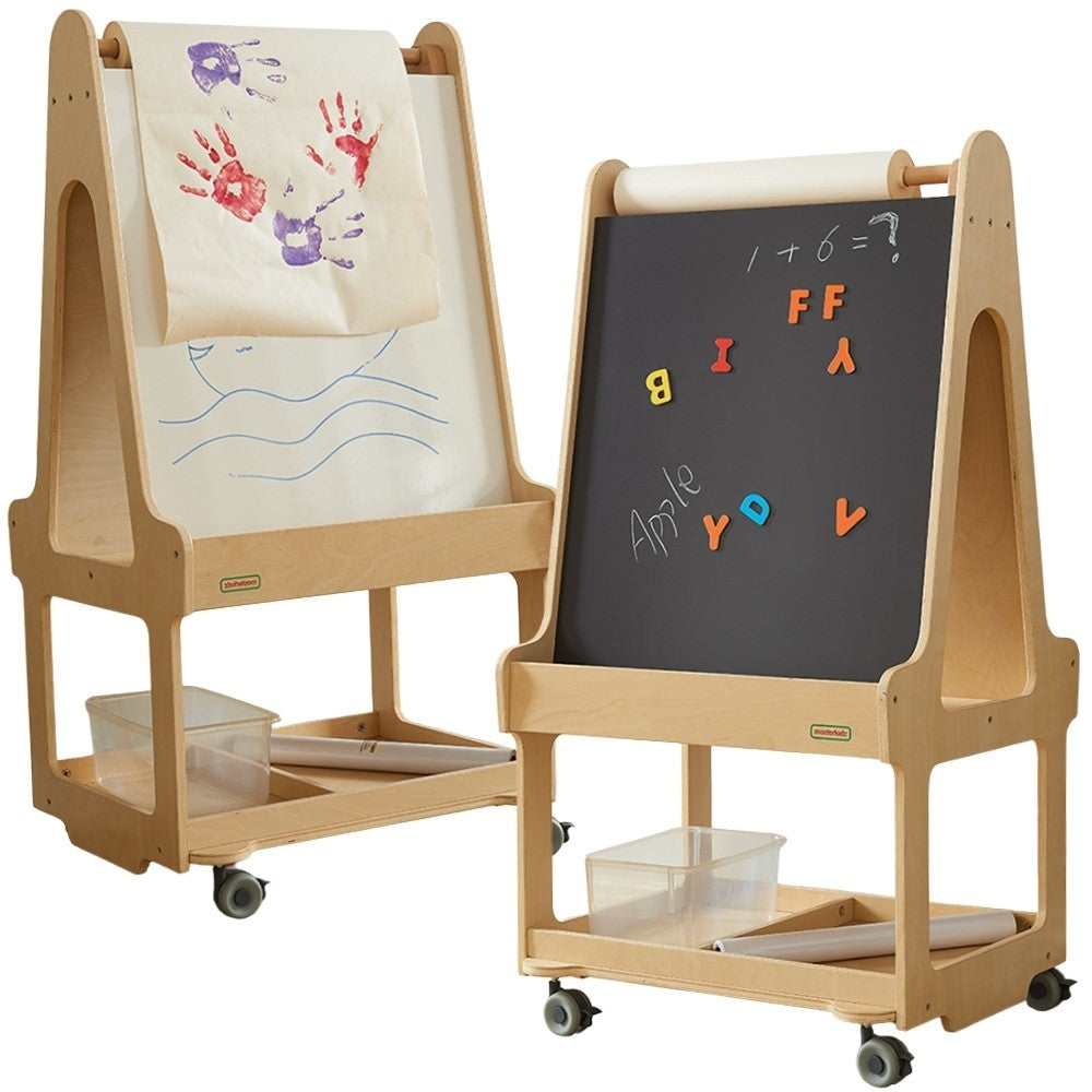MASTERKIDZ dvipusis 3 in 1 molbertas ant ratukų su nuvalomąja lenta