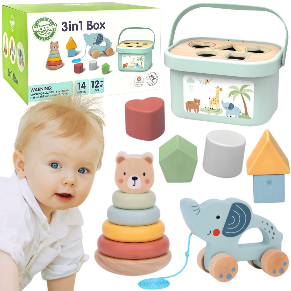 WOOPIE GREEN rūšiuoklio dėžutė 3 in 1 – kaladėlės, piramidė, drambliukas, FSC
