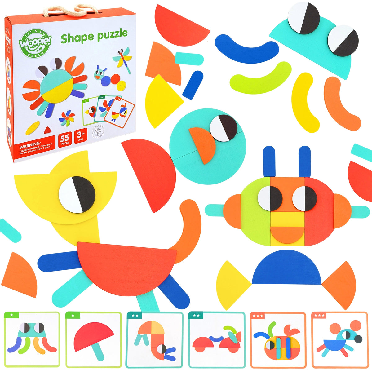 WOOPIE GREEN medinė Montessori dėlionė – 40 raštų atkurti, 55 dalys, FSC sertifikatas