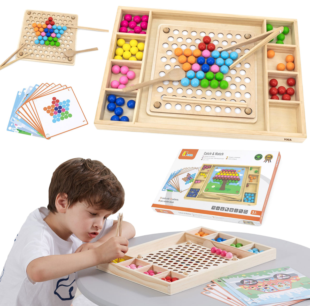 VIGA medinis žaidimas „Pagauk ir suderink“ – Montessori dėlionė su kamuoliukais