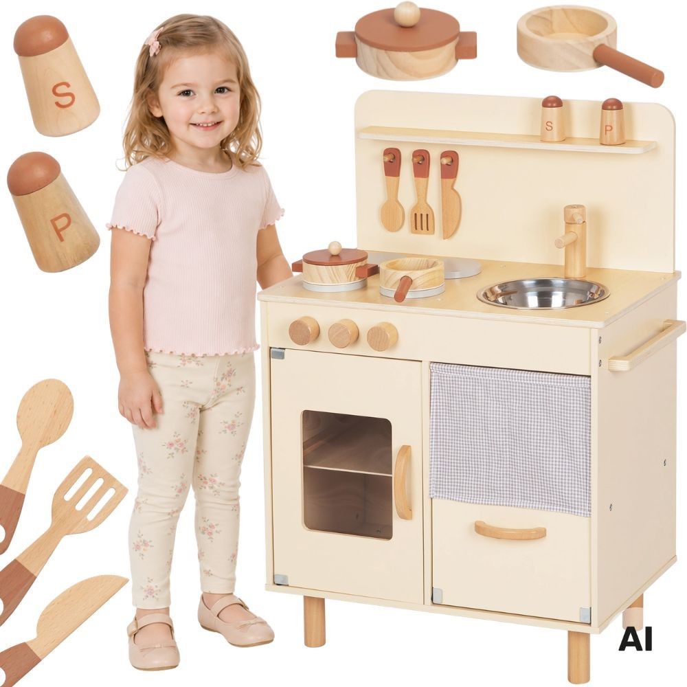 TOOKY TOY medinė smėlio spalvos virtuvėlė su priedais