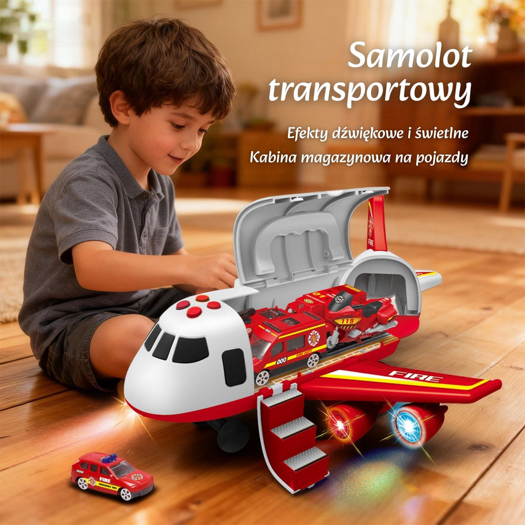 WOOPIE XL gaisrininkų lėktuvas-transporteris su 3 gaisrinėmis mašinomis ir kelio ženklais