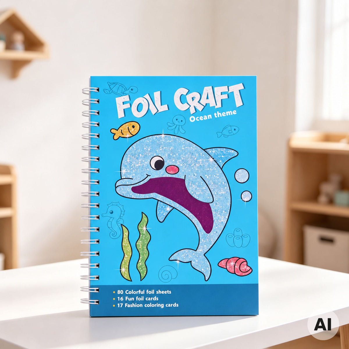 WOOPIE dailės rinkinys su blizgia folija ir spalvinimo kortelėmis „Delfinas“, 121 vnt.